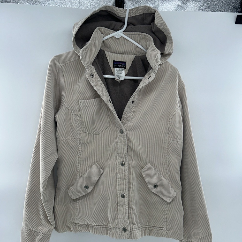 Vtg Patagonia Corduroy Lined Jacket Small Removable Hoodie Beige Grey Snap Down